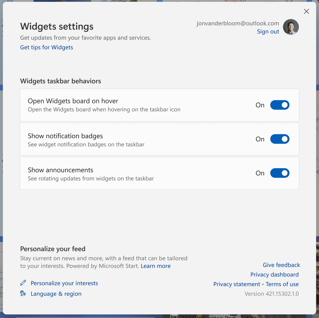 The Widgets settings page.