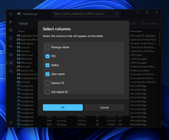 In-app dialogs such as selecting columns on the Details page will show in the selected theme for Task Manager.