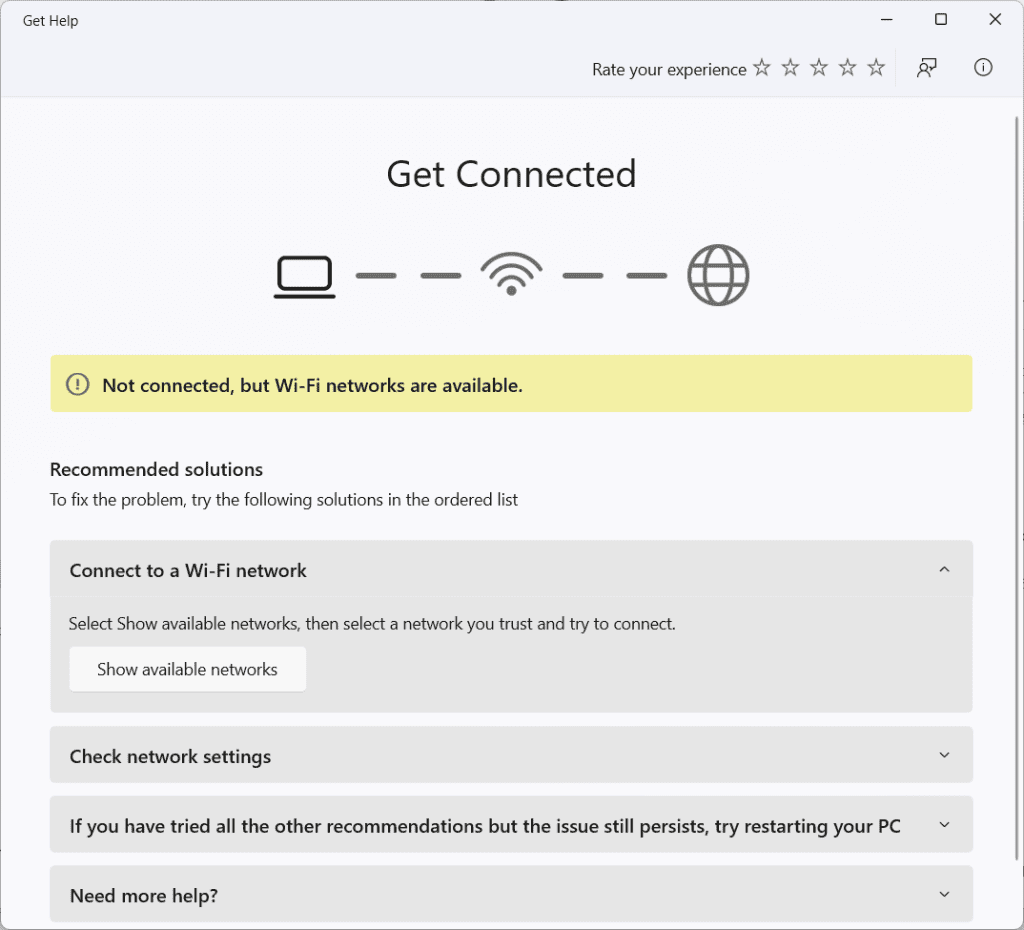 Troubleshoot network connectivity issues using the Get Help app.