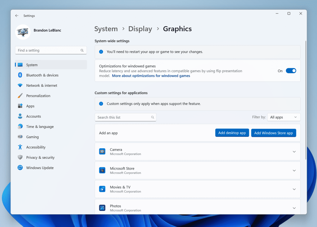 The graphics settings page has been updated to better match the Windows 11 visuals.