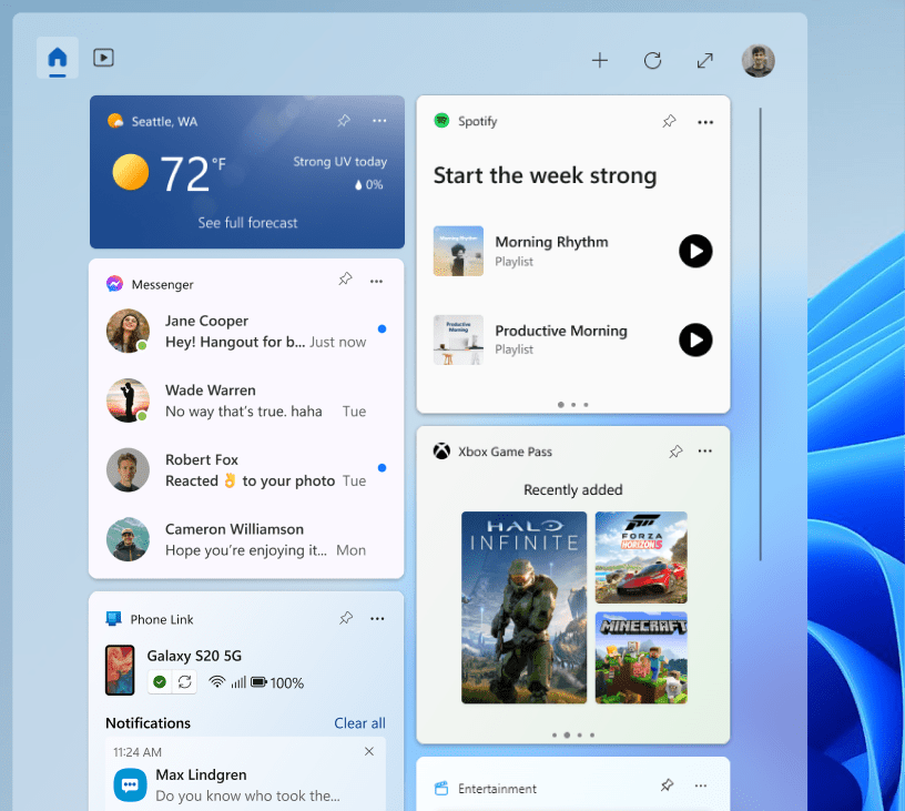 The Spotify, Messenger, Game Pass, Phone Link, and Weather widgets on the widgets board.