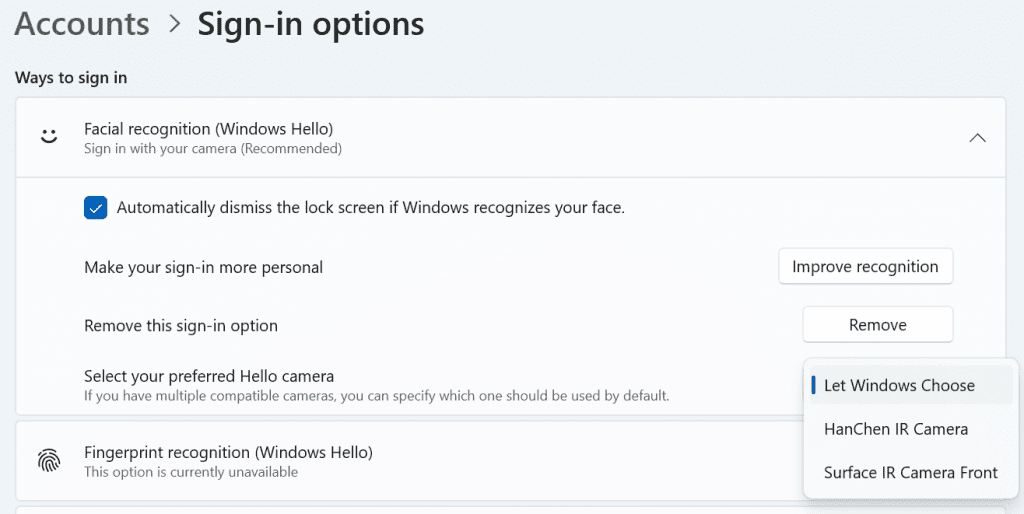 Showing a new dropdown in sign-n settings for your preferred camera, saying “let Windows choose” or letting you pick the camera.
