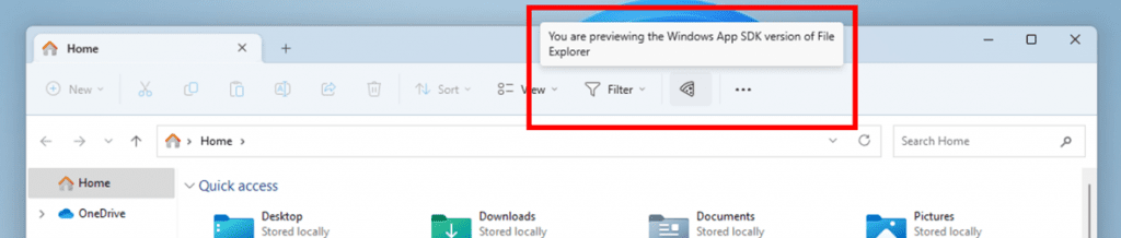 Pizza icon in File Explorer’s command bar to denote previewing the Windows App SDK version of File Explorer.