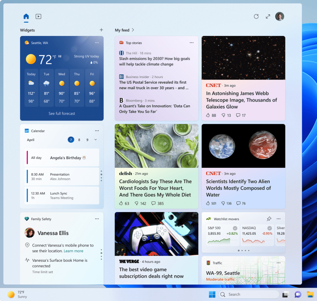 Example of updated widgets board with larger canvas and dedicated sections for widgets and feed content.