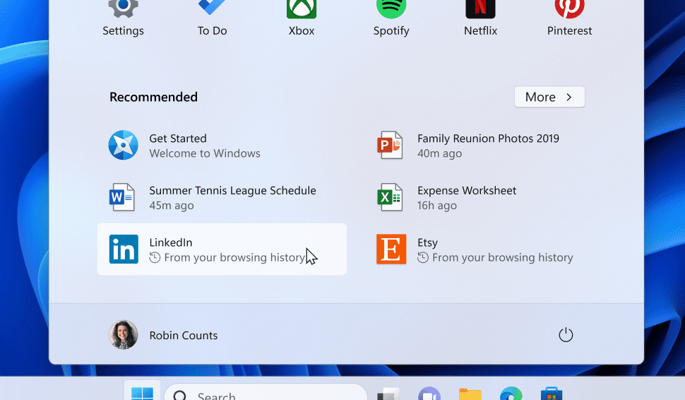 Recommended websites based on your browsing history on the Start menu.