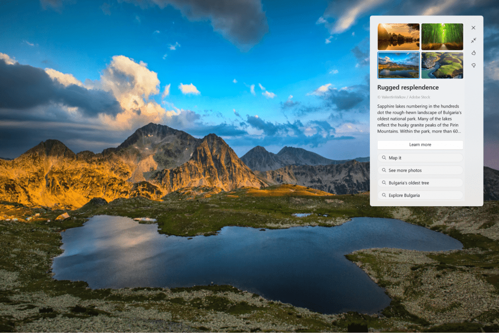 Windows Spotlight with richer UI showing in the full-screen experience. Clicking anyway on the desktop dismisses the full-screen experience. Windows Spotlight with richer UI showing in the full-screen experience. Clicking anyway on the desktop dismisses the full-screen experience.