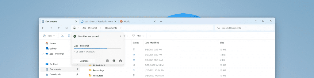Modernized address bar in File Explorer with OneDrive sync and quota flyout. Modernized address bar in File Explorer with OneDrive sync and quota flyout.