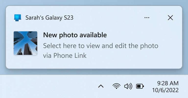 Phone Link notification prompting to open capture in Snipping Too for markup.