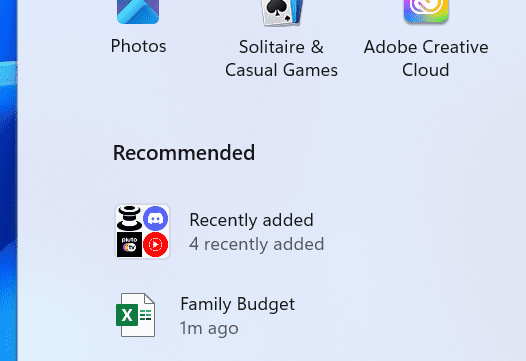 Grouping of recently added apps under the Recommended section of the Start menu.