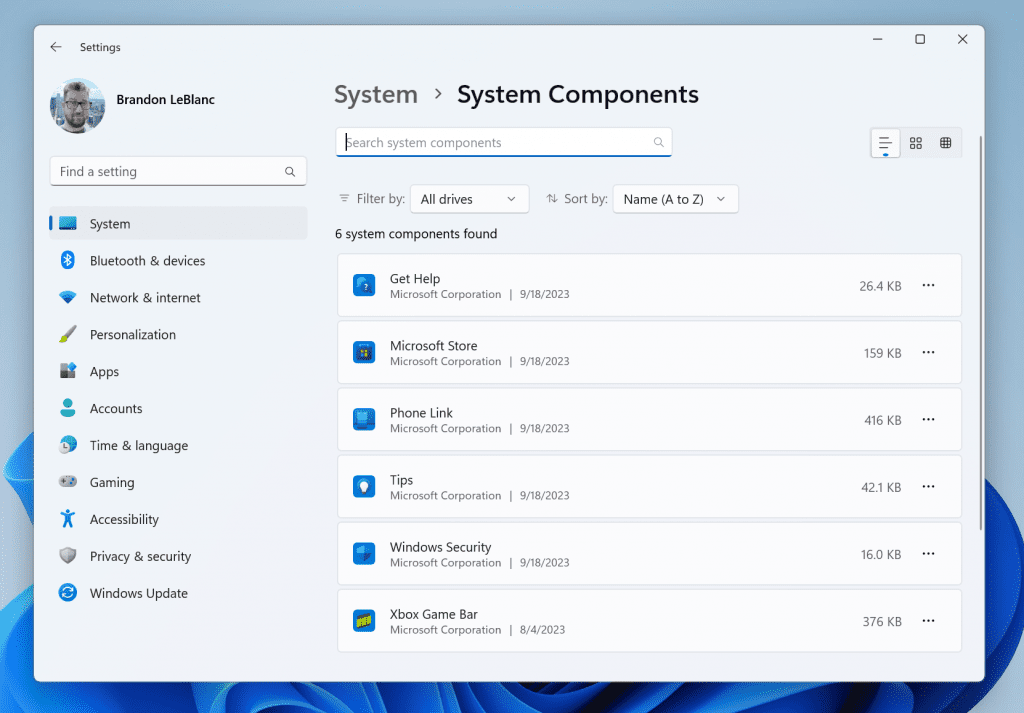 New System Components Settings page.