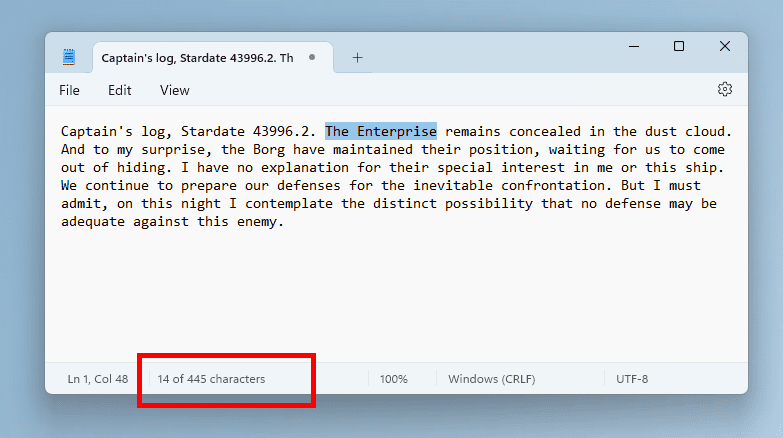 Character count for selected text in Notepad.
