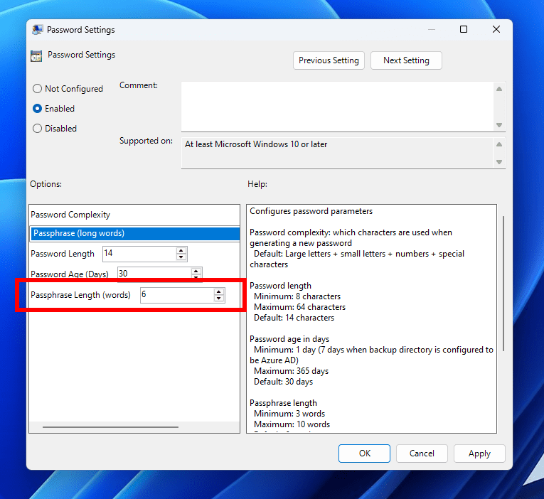 Windows LAPS passphrase length setting. Windows LAPS passphrase length setting.