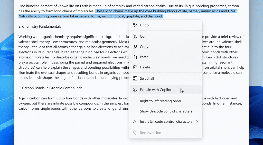 Notepad app open showing new “Explain with Copilot” action on selected content.