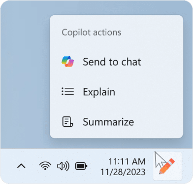 Copilot actions you can take when you mouse over the Copilot icon on the taskbar after copying some text.