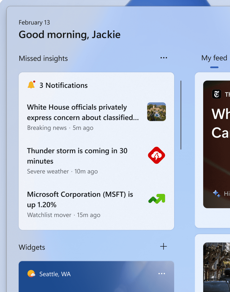 Missed notifications at the top left of the widgets board.