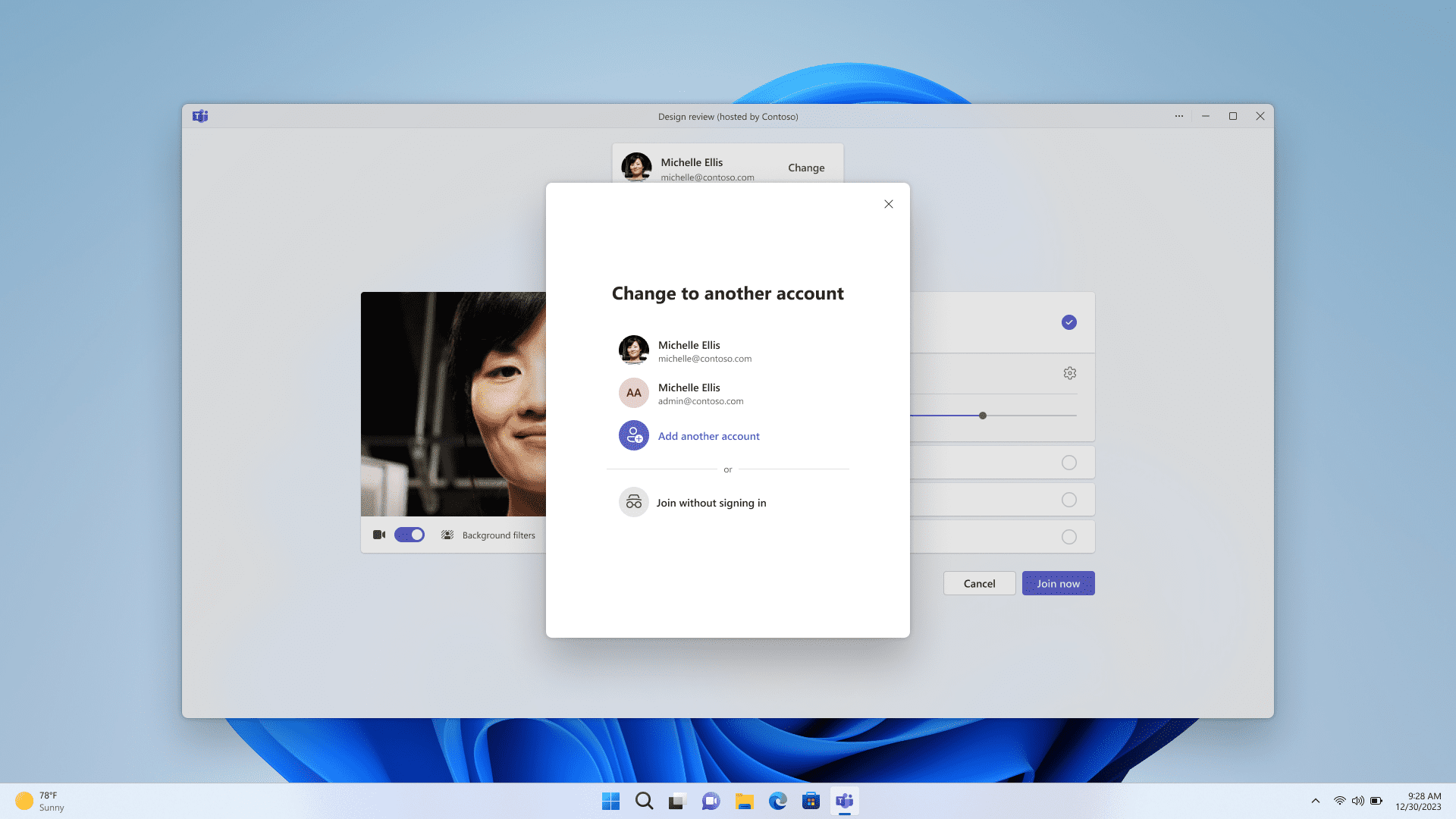 Teams user selecting which account to use to join a meeting. Teams user selecting which account to use to join a meeting.