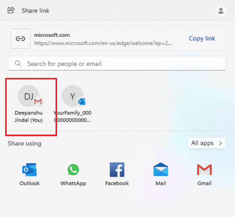 Example Gmail option to email yourself in the Windows share window highlighted in a red box.