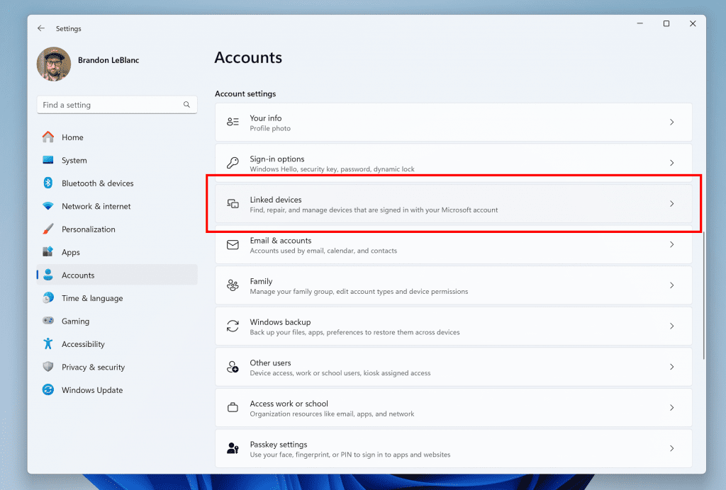 New linked devices page under Accounts settings highlighted in a red box. New linked devices page under Accounts settings highlighted in a red box.