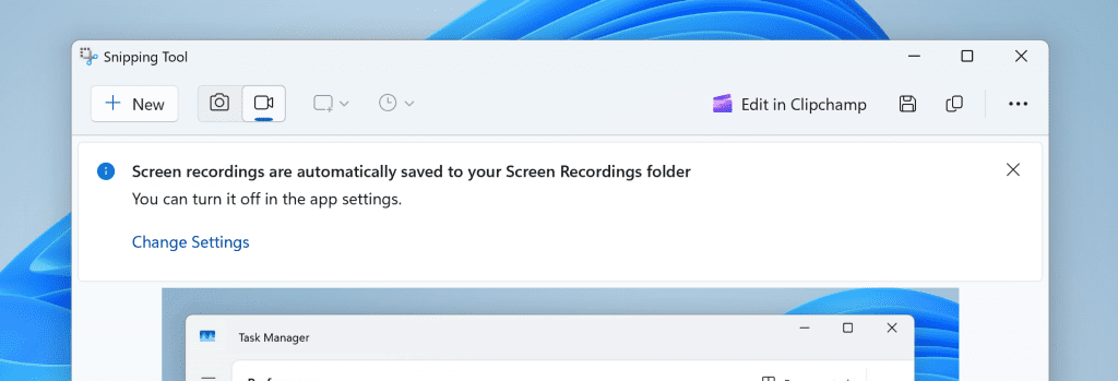 Snipping Tool showing new banner for screen recordings now automatically being saved to your Screen Recordings folder. Snipping Tool showing new banner for screen recordings now automatically being saved to your Screen Recordings folder.