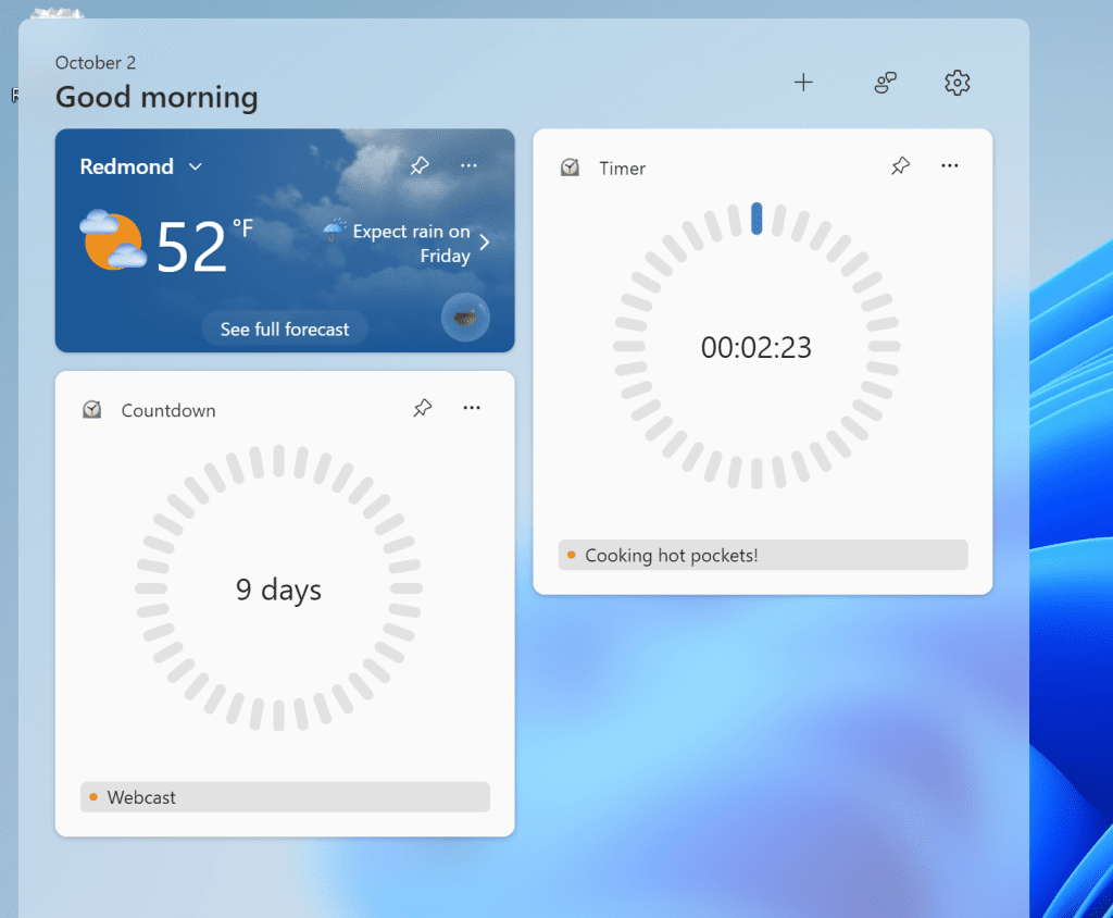 New countdown and timer widgets from the Clock app showing on the widgets board. New countdown and timer widgets from the Clock app showing on the widgets board.