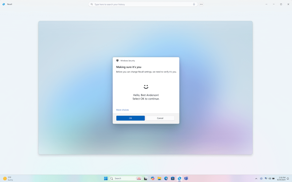 Windows Hello authentication is required to unlock the Recall experience. Windows Hello authentication is required to unlock the Recall experience.