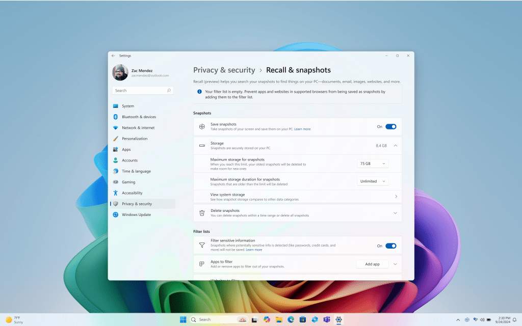 The Recall settings page where you can disable saving snapshots, change your storage settings, delete snapshots and filter webs and apps from being saved. The Recall settings page where you can disable saving snapshots, change your storage settings, delete snapshots and filter webs and apps from being saved.