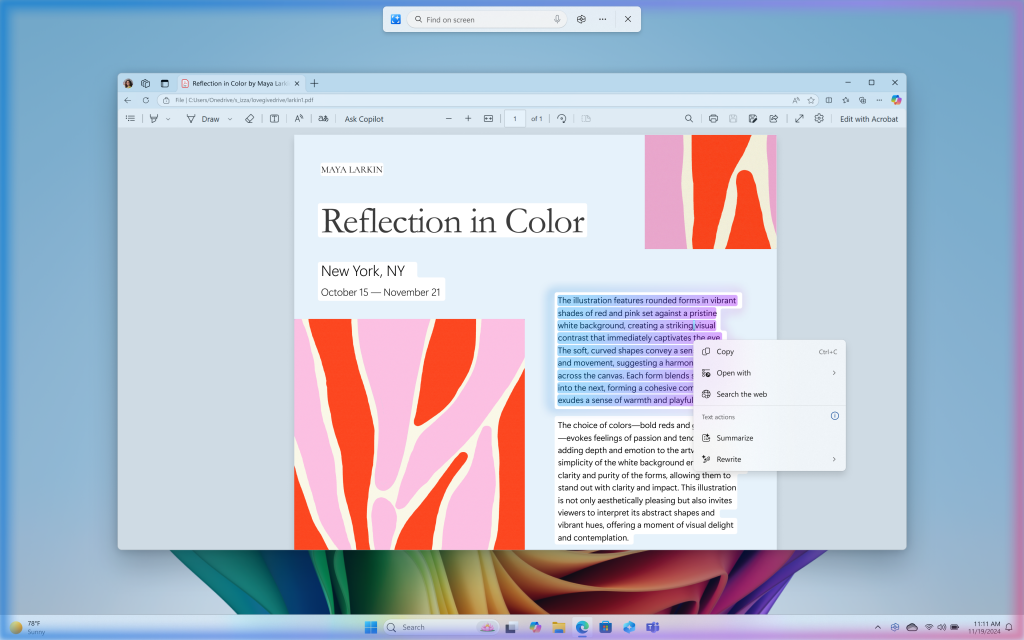 More intelligent text actions in Click to Do with options to Summarize or Rewrite. More intelligent text actions in Click to Do with options to Summarize or Rewrite.