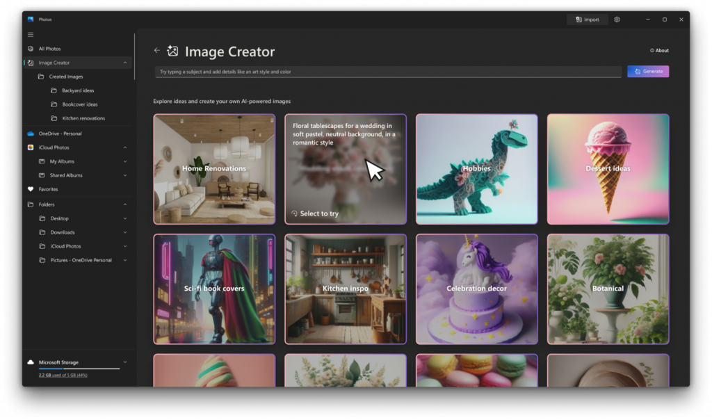 mage Creator in the Microsoft Photos app leverages the AI capabilities of your Copilot+ PC to transform a text prompt into a stunning gallery of diverse, uniquely crafted images. mage Creator in the Microsoft Photos app leverages the AI capabilities of your Copilot+ PC to transform a text prompt into a stunning gallery of diverse, uniquely crafted images.