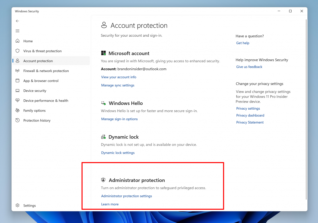 Administrator protection in Windows Security highlighted in a red box. Administrator protection in Windows Security highlighted in a red box.
