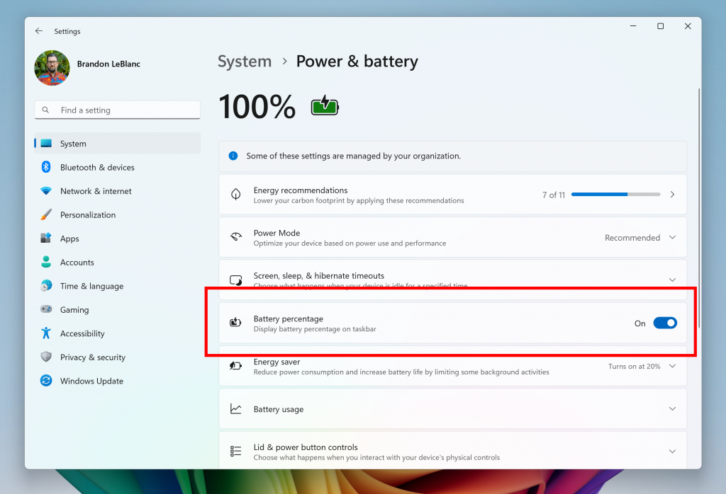 The toggle to turn on showing battery percentage in Settings highlighted in a red box. The toggle to turn on showing battery percentage in Settings highlighted in a red box.