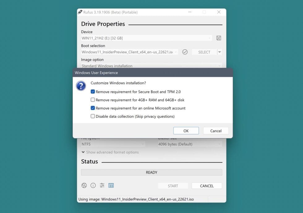 The Rufus tool will automate the removal of some of the system requirement checks we outline below. 