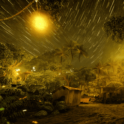 Scene 2: empty jungle village, starry night, volumetric lighting, photorealistic, detailed and intricate, epic cinematic shot, 8K