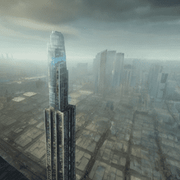 Scene 1: lone skyscraper,  8K resolution, detailed landscape painting, post processing, atmospheric, hyper realistic, epic composition, cinematic