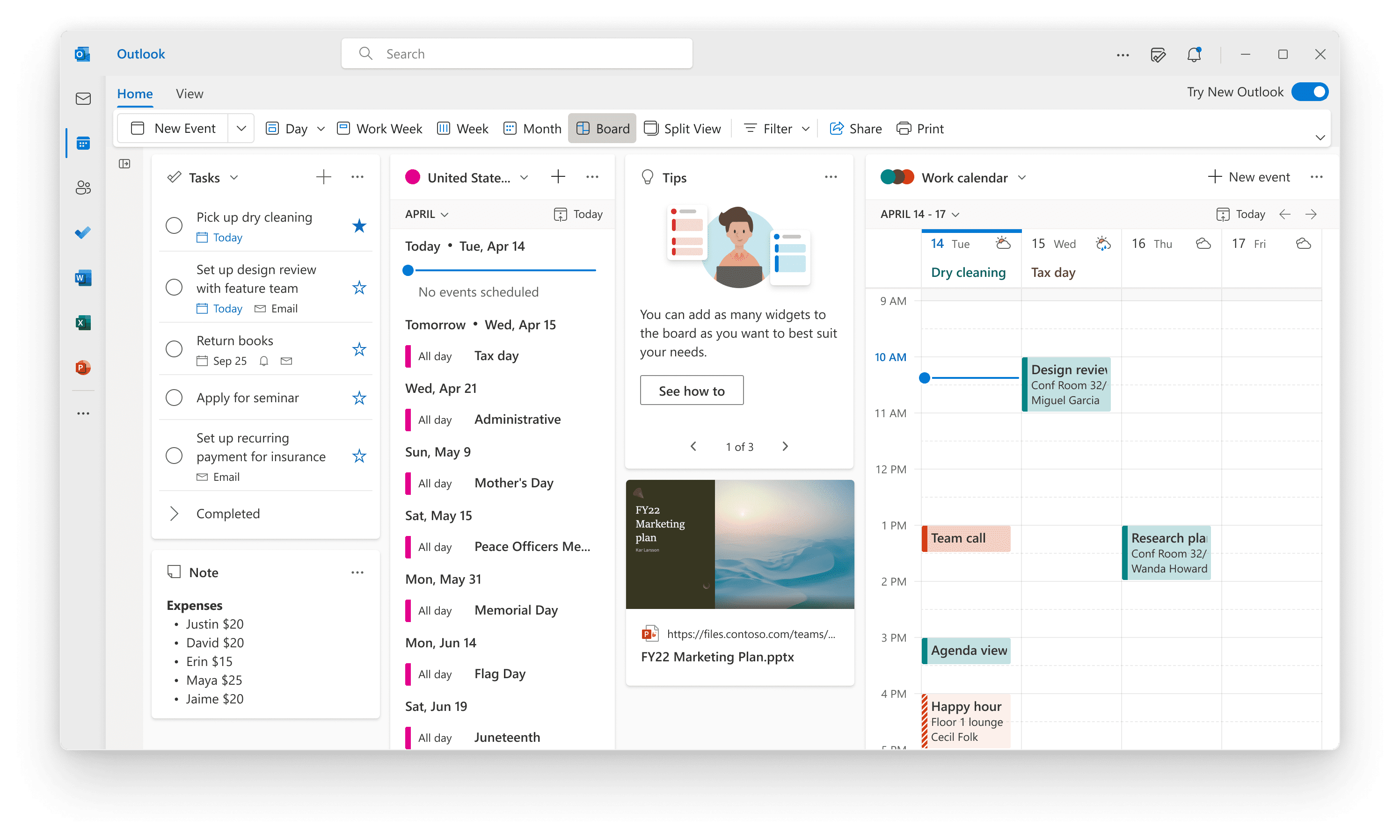 Outlook calendar board view