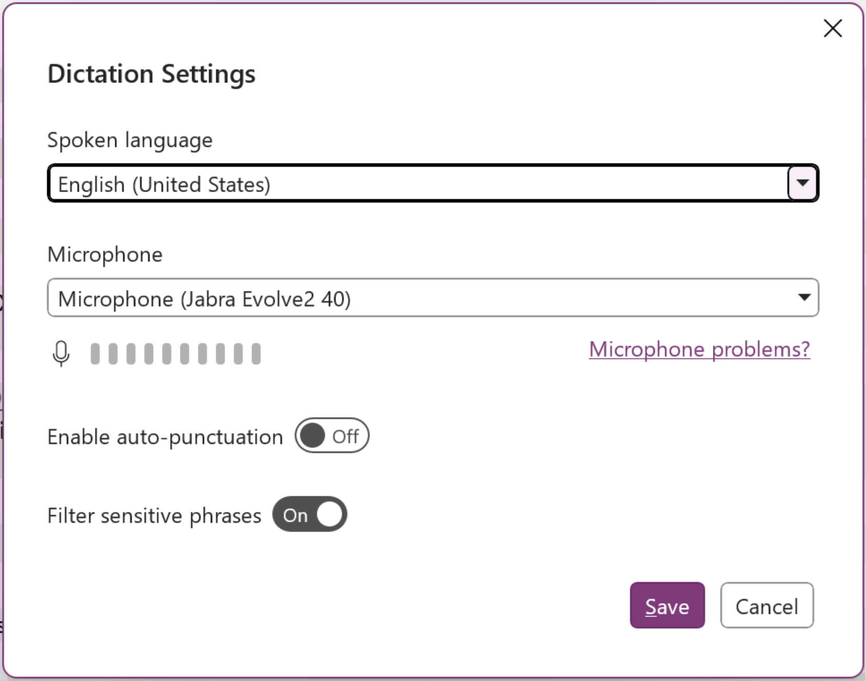 Dictation Setting dialog box in OneNote for Windows