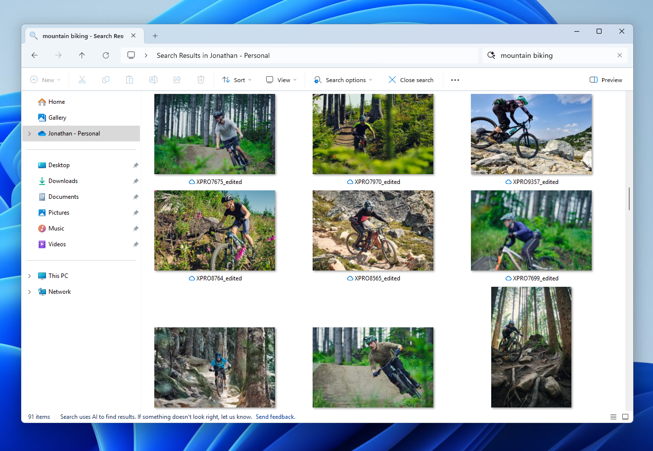 Results including mountain bike photos one from the cloud in File Explorer with improved Windows Search. Results including mountain bike photos one from the cloud in File Explorer with improved Windows Search.