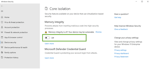 Core isolation settings page with memory integrity toggle