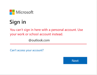 Screenshot of Outlook sign in error