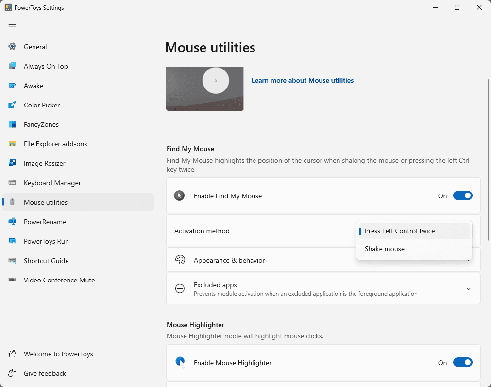Find my mouse setting for Activate to shake