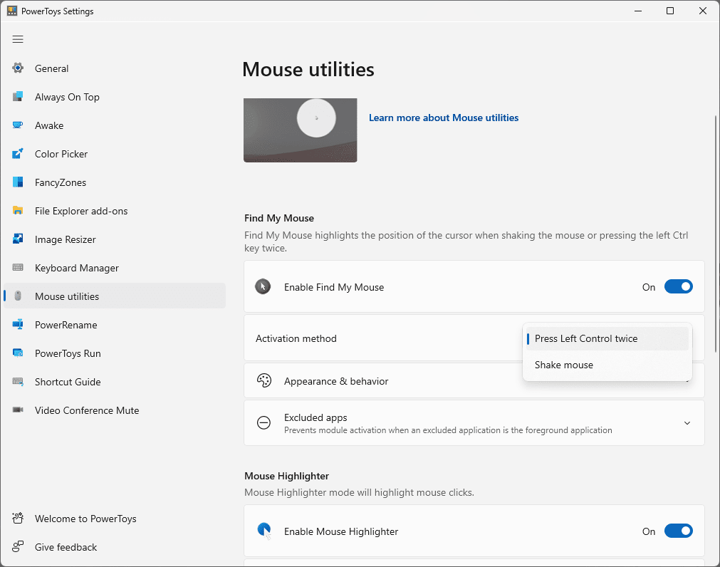 Find my mouse setting for Activate to shake Find my mouse setting for Activate to shake