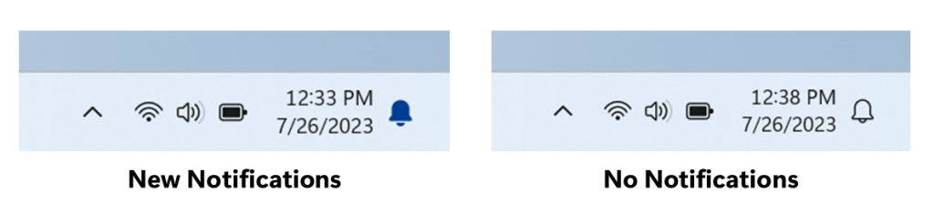 Notification bell in the system tray for new notifications and no notifications. Notification bell in the system tray for new notifications and no notifications.