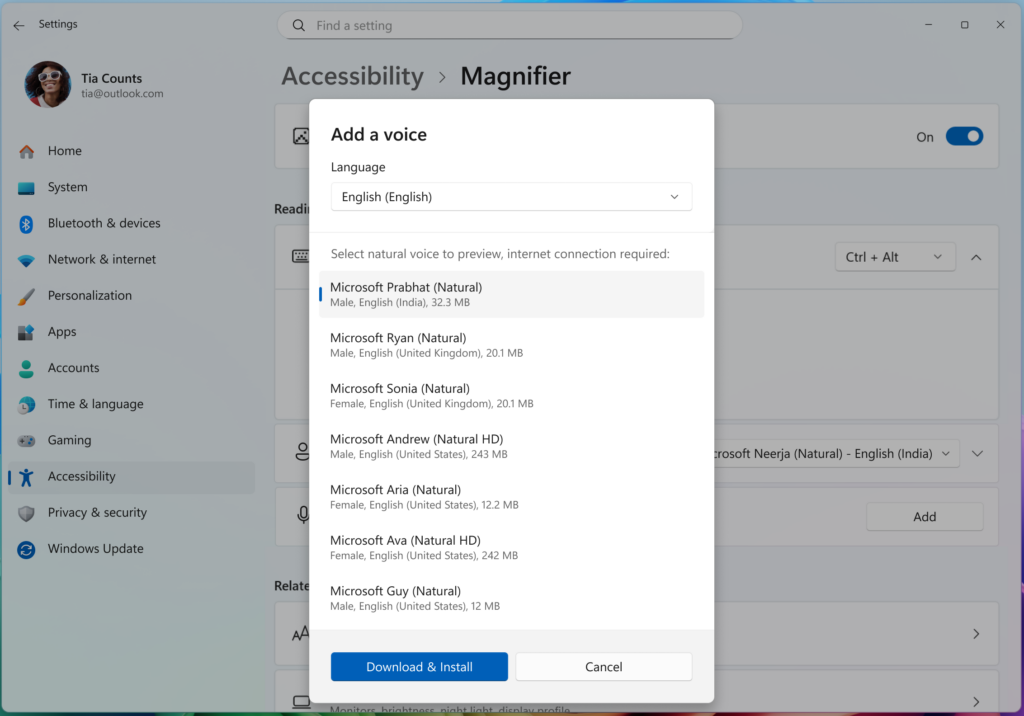 UI showing list of voices that can be downloaded in Magnifier. UI showing list of voices that can be downloaded in Magnifier.