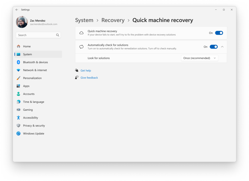 In Settings for Systems, Recovery, “Quick machine recovery” and “Automatically check for solutions” are enabled to run a onetime QMR scan by default. In Settings for Systems, Recovery, “Quick machine recovery” and “Automatically check for solutions” are enabled to run a onetime QMR scan by default.