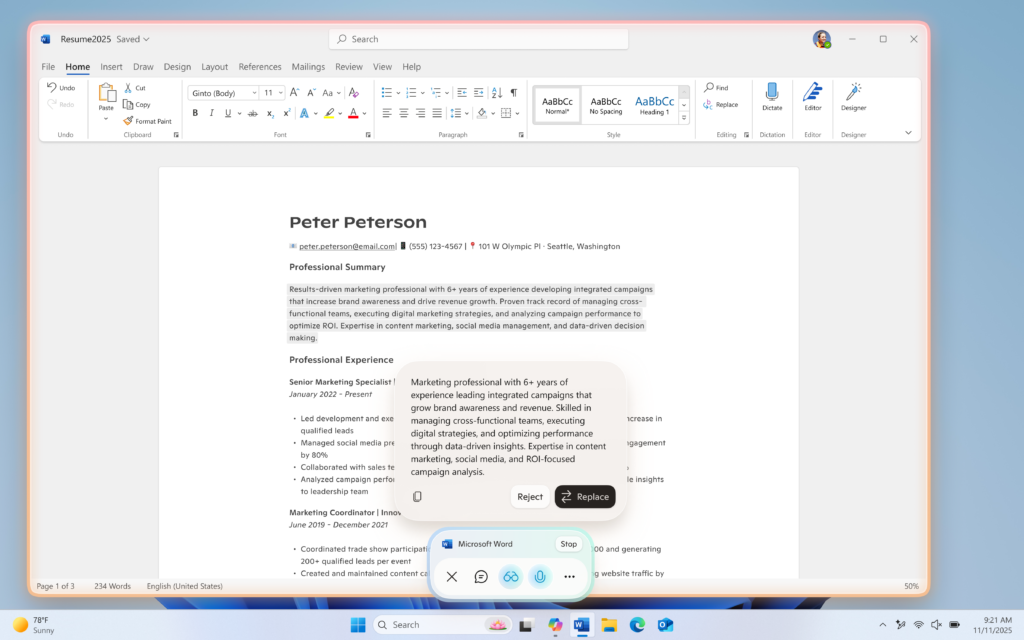 UI showing Copilot Actions for text editing during a Copilot Vision session. UI showing Copilot Actions for text editing during a Copilot Vision session.