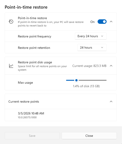 List of available restore points. List of available restore points.