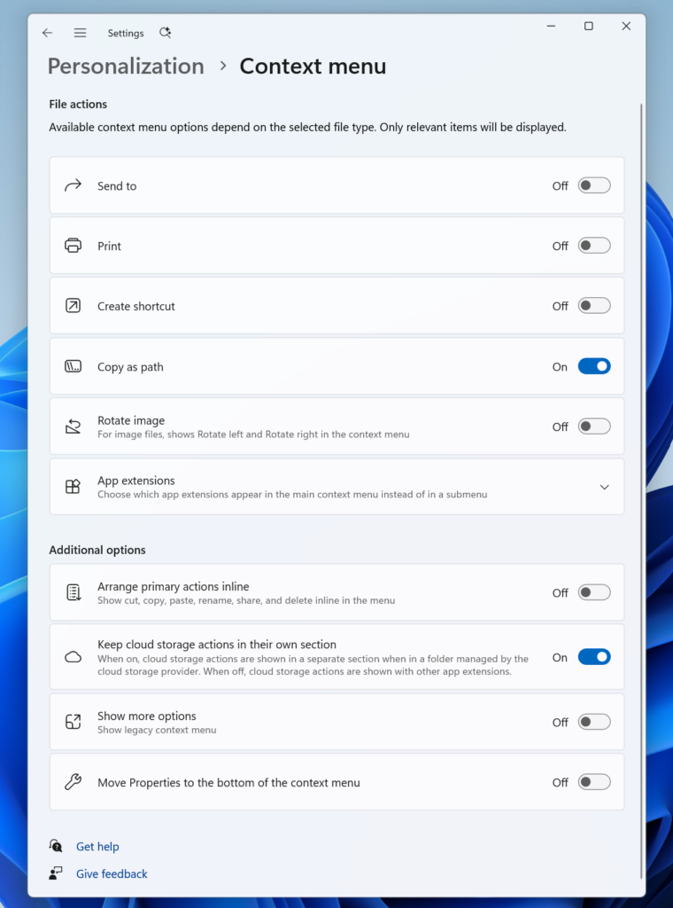 The new Context Menu page in the Settings app, under Personalization. The new Context Menu page in the Settings app, under Personalization.