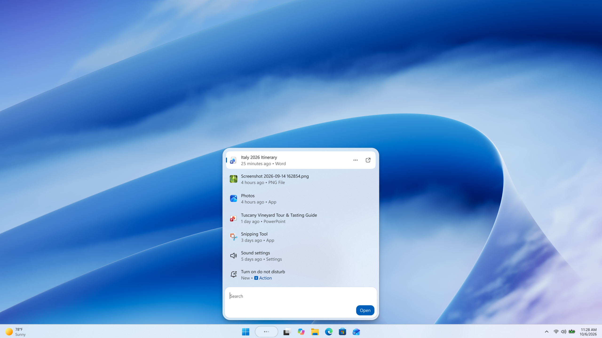 Screenshot of the new Windows Search experience Screenshot of the new Windows Search experience