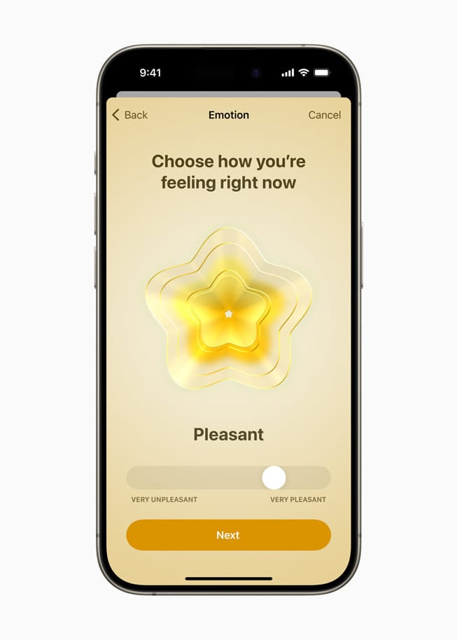 Health tracking a user’s state of mind is shown on iPhone 15 Pro.
